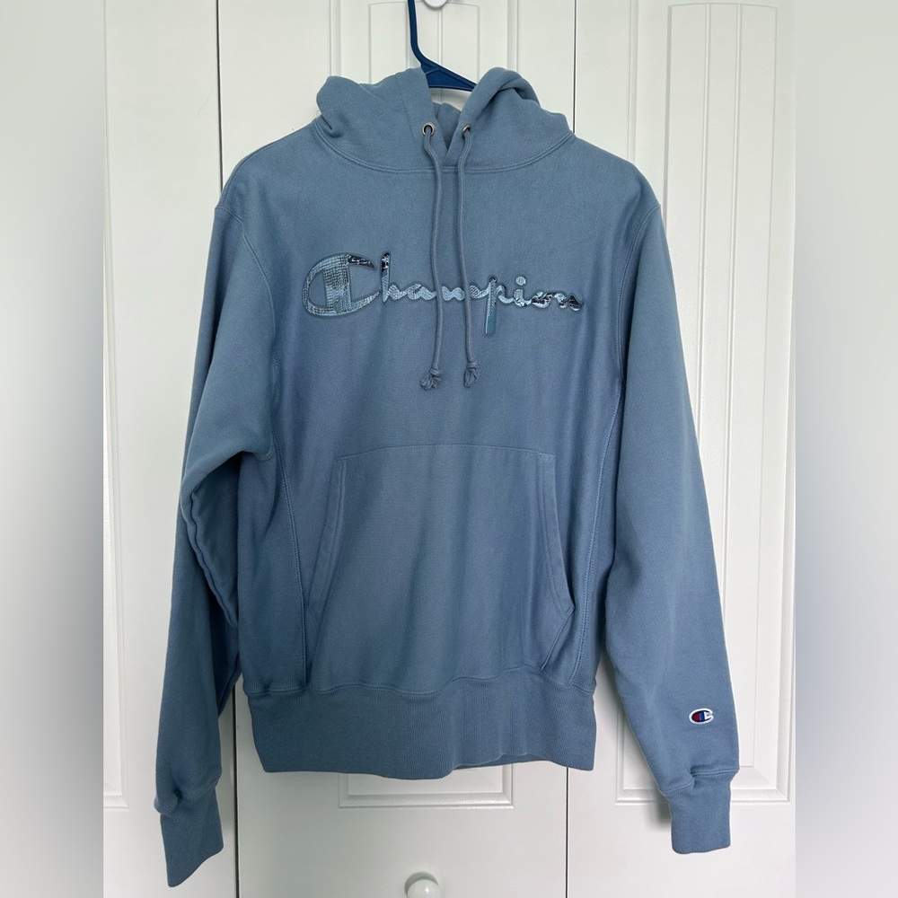Champion Reverse Weave Hoodie Sweatshirt Blue Embroidered Spellout- Size S